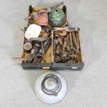 A collection of items to include vintage tools and industrial lighting