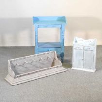 A blue painted washstand, 52cm wide, together with a hanging coat rack and a small painted