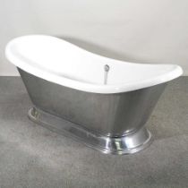A modern free standing roll top bath, on a chrome pedestal base 186w x 79d x 69h cm This is new