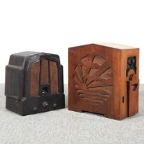 A 1930's bakelite radio, 47cm high, together with a walnut cased valve radio (2)