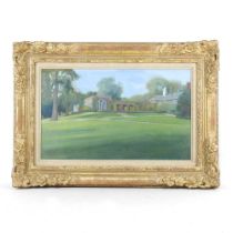 Attributed to Carlos Sancha, 1920-2001, country house and garden, oil on canvas, 27 x 45cm,