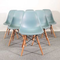 A set of six Vitra blue moulded plastic dining chairs, designed by Eames (6) Overall these are solid