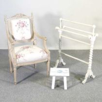 A cream painted French style upholstered open armchair, together with a towel airer and a stool (3)