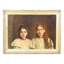 Continental school, portrait of two sisters, over painted photograph, 38 x 54cm