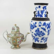 A 19th century Chinese Canton porcelain teapot and cover, together with a Chinese blue and white