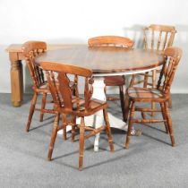 A circular painted hardwood kitchen table, together with four chairs, a barstool and console