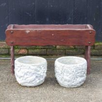 A pair of cast stone garden pots, together with a wooden planter (3) 91w x 48h cm