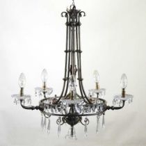 A 19th century brass five branch chandelier, suspended with glass lustres, 60cm diameter, together