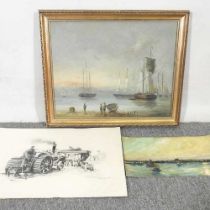 T Weddel, 20th century, harbour scene with boats, signed oil on canvas, 40 x 50cm and two unframed