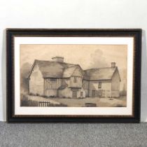 English School, 19th century, farmhouse, sepia watercolour, 31 x 53cm