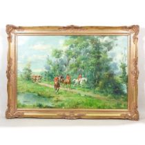 A. Jacquet, 20th century, hunting scene, signed indistinctly, oil on canvas, 60 x 91cm