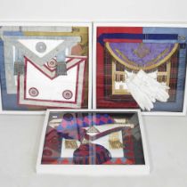 A collection of Masonic regalia, to include an apron and gloves, mounted in a painted display frame,