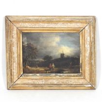 Continental school, 19th century, landscape with figures before a windmill, oil on panel, 13 x 18cm