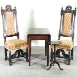 A pair of Carolean style upholstered high back dining chairs, together with a 19th century oak