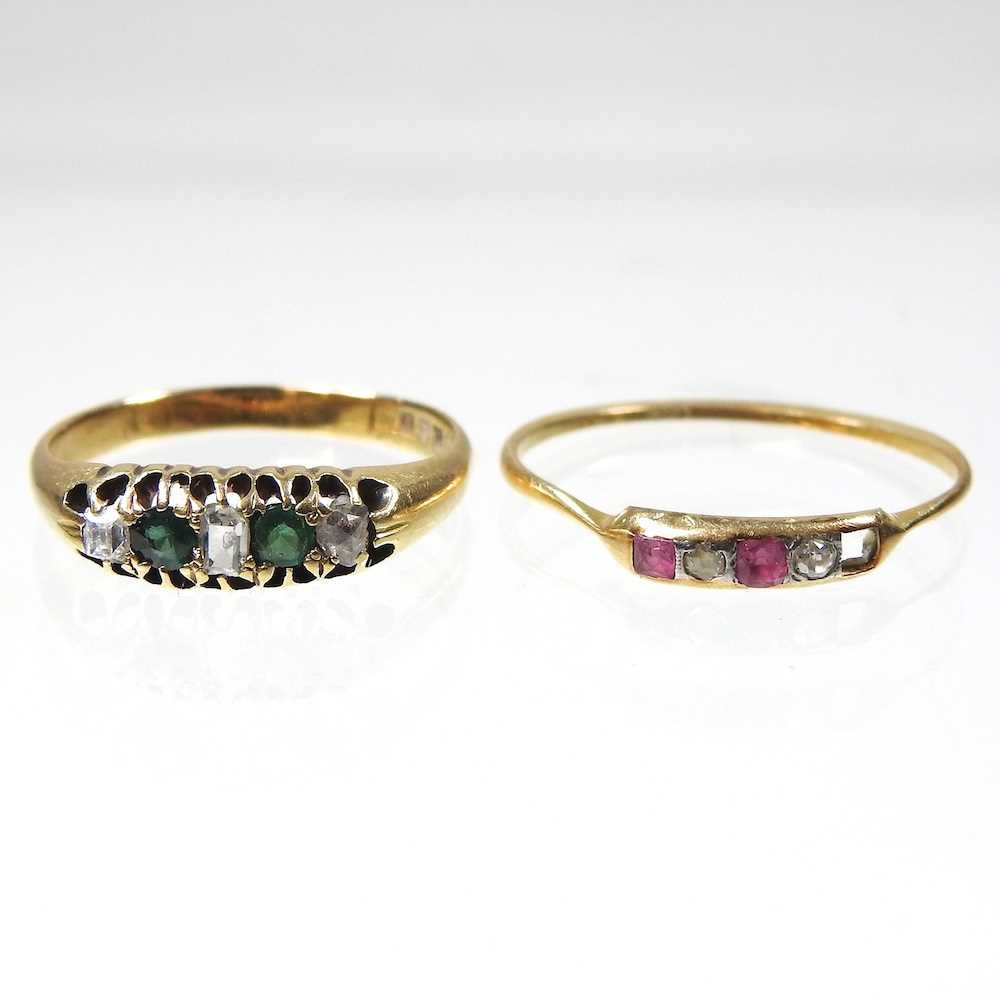 A gold, emerald and diamond ring, 3.2g, size P, together with an 18 carat gold dress ring, size Q (