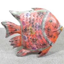 A painted metal tea light holder, in the form of a fish, 45cm high