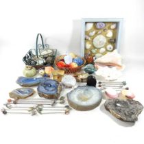 A collection of shells, in a glazed display case, polished stone dishes and novelty eggs
