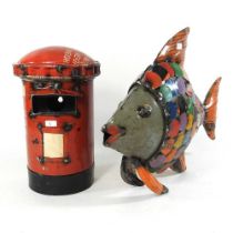 A tin model fish and a painted model of a postbox, 29cm high (2)