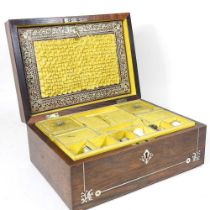 A 19th century rosewood and mother of pearl sewing box, with a fitted interior, 28cm wide,