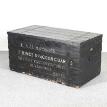 A painted iron bound wooden military chest, inscribed for Hopkins, Kings Dragoon Guards 123w x 66d x