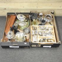 A collection of silver plate and metalwares, to include cutlery, teaset and a wooden candle box