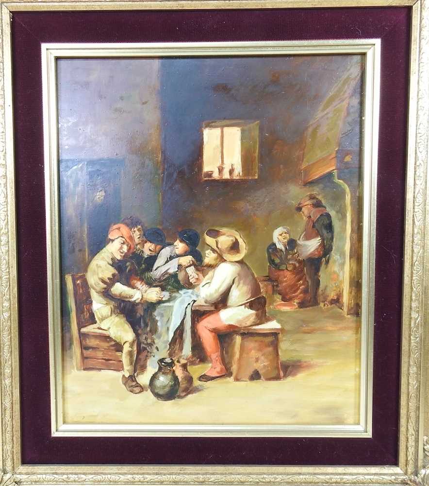 After David Teniers, 20th century, figures playing cards, oil on panel, 31 x 26cm - Image 2 of 5