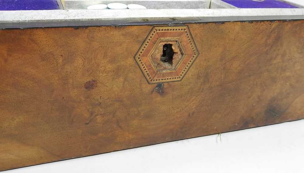 A 19th century walnut workbox, 29cm wide, containing sewing related items 30w x 22d x 14h cm - Image 5 of 7