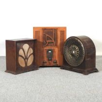 A 1930's walnut cased valve radio, 51cm high, together with another smaller and a speaker (3)