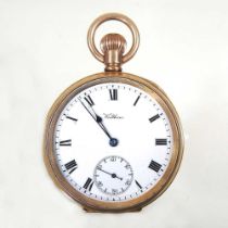 An early 20th century Waltham gold plated open faced pocket watch, with a white enamel dial, 5cm
