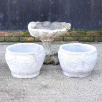 A pair of reconstituted stone garden pots, together with a bird bath, 50cm high (3)