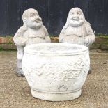 A pair of stone Buddhas, together with a garden pot (3)