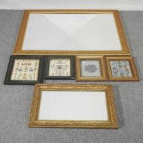 A gilt wall mirror, 117 x 90cm, together with another smaller and various samplers and embroideries