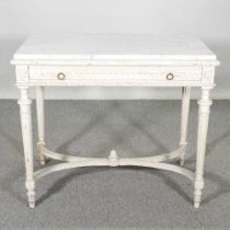 A Louis XVI style cream painted side table, with a white marble top 90w x 55d x 77h cm