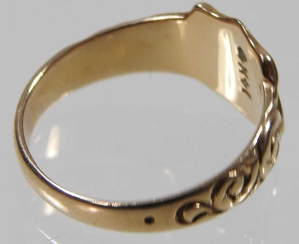 A 9 carat gold signet ring, the central shield engraved with initials, flanked by scrolled - Image 2 of 5
