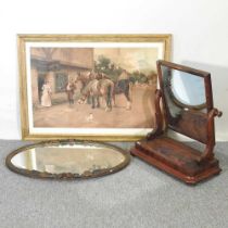 A Victorian mahogany toiletry mirror, together with an oval gilt mirror and a print (3)