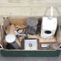 A set of postal scales, together with another set, a railway lantern and a barometer