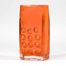 A Whitefriars style tangerine glass mobile phone vase, designed by Geoffrey Baxter, 17cm high