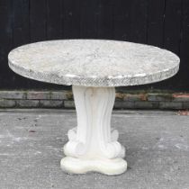 A cast stone circular garden dining table, on a pedestal base 115 diameter x 79h cm