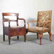 A mid 20th century carved walnut and tapestry upholstered armchair, together with a Victorian