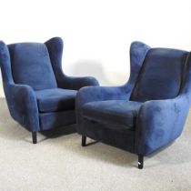 A pair of contemporary blue upholstered armchairs, on turned legs (2)