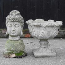 A cast stone planter, together with a cast stone Buddha head, 58cm high