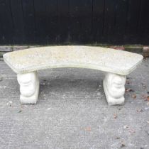 A cast stone garden bench, on lion supports 144w x 40d x 46h cm