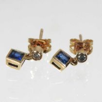 A pair of 18 carat diamond and sapphire pendant earrings, 1.2g, 11mm drop