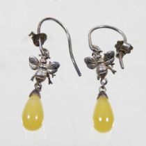 A pair of Theo Fennell Alias silver and beryl pendant bee earrings, 3.4g gross, 38mm drop, in