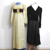 A vintage Quad satin and embroidered full length dress, circa 1970's, together with a Feraud black