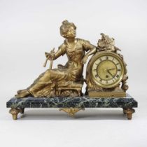 A 19th century gilt spelter figural mantel clock, on a marble base, 43cm wide