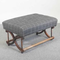 A 19th century rosewood x-frame footstool, with a modern grey upholstered buttoned seat 74w x 52d
