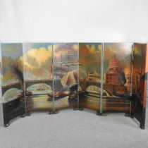 A large wooden six-fold screen, painted with an extensive mediterranean landscape and a view of