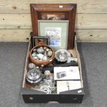 A silver table candlestick, together with a burr yew treen bowl containing painted eggs, pictures