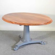 A Victorian style oval dining table, on a grey painted pedestal base 148w x 121d x 76h cm